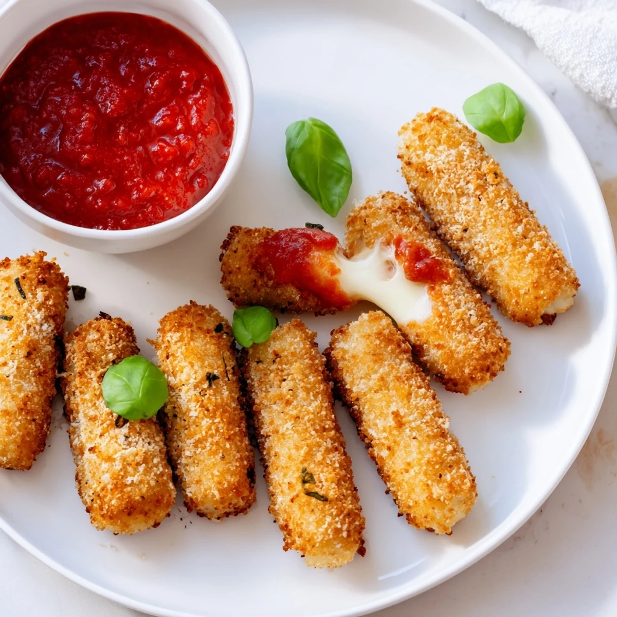 Cheesy pull! Hot air fryer mozzarella sticks, a quick appetizer, ready in minutes for your enjoyment.
