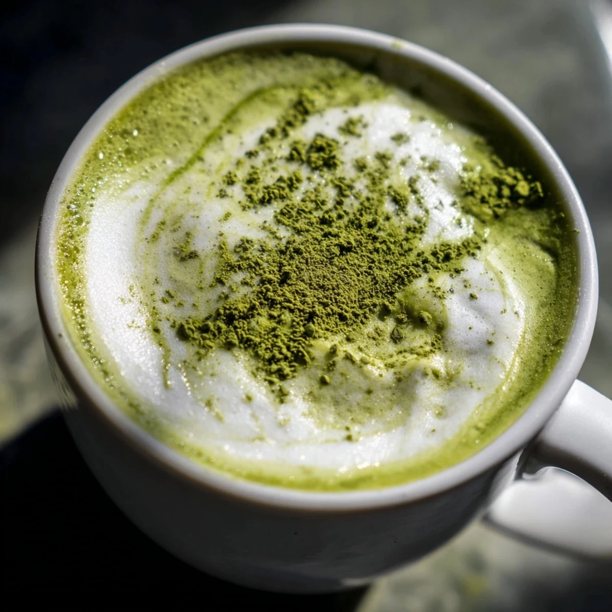 Close-up photo of creamy Matcha Green Tea Latte, a visually appealing Japanese beverage.
