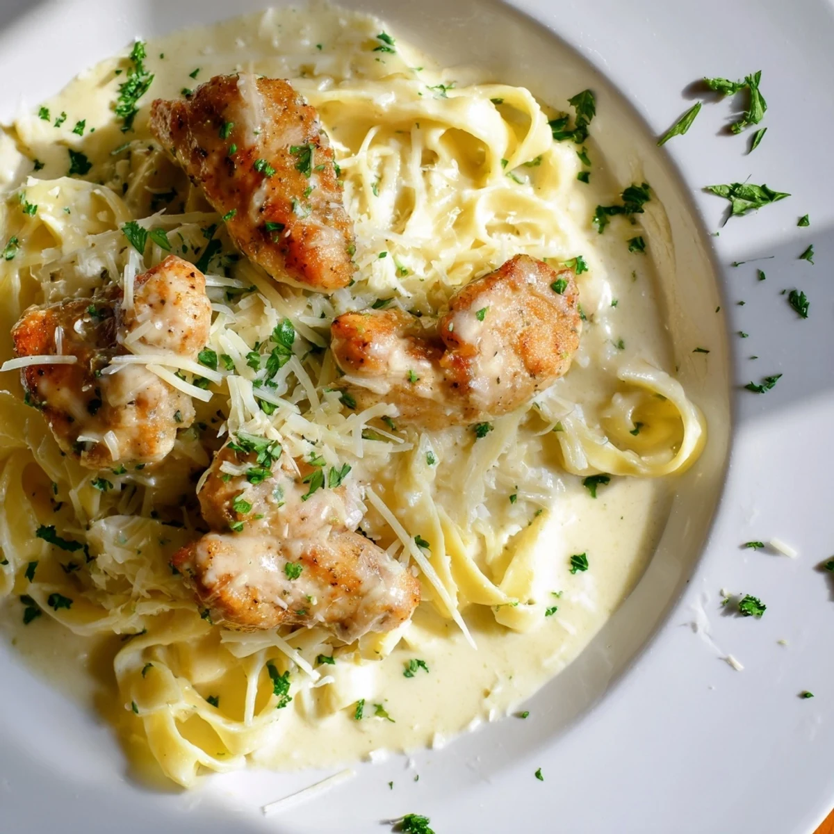A visually appealing, close-up of a Skillet Chicken Alfredo bowl, ready to serve with fresh parsley.