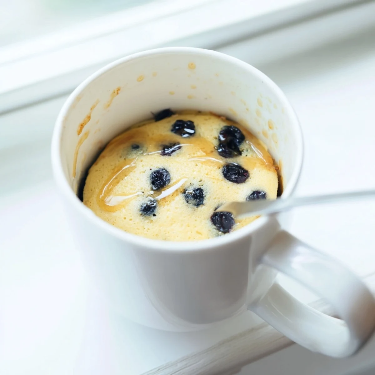 A single serving of golden microwave mug pancakes, perfect for those quick and easy morning cravings.