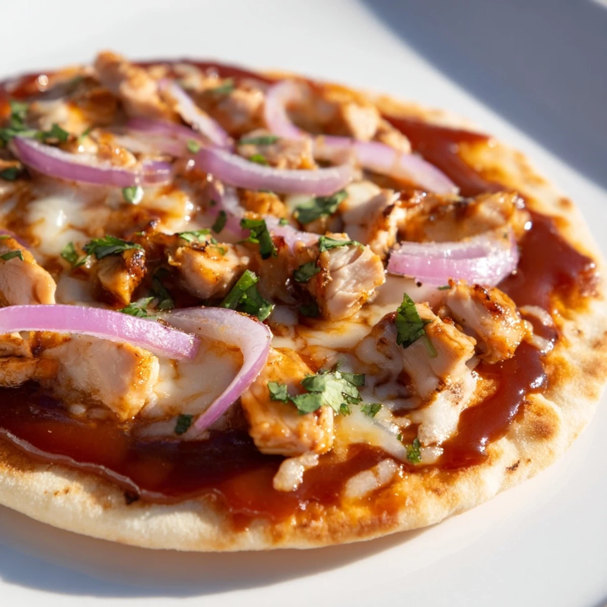 BBQ Chicken Flatbread: a close-up of melted mozzarella atop a crispy flatbread and tender chicken.