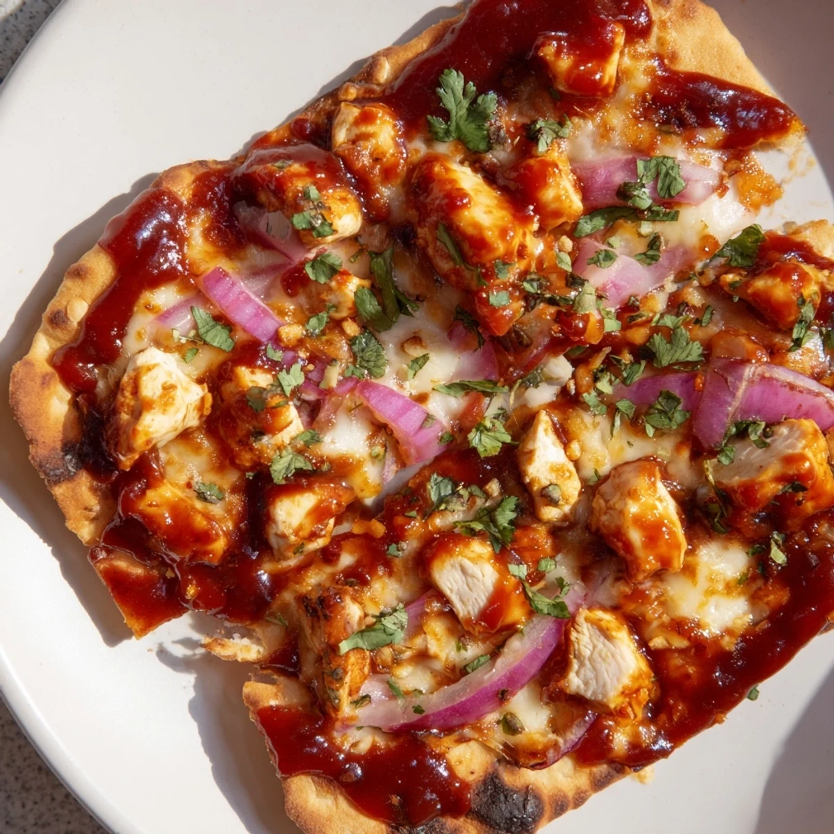 Golden, bubbly BBQ Chicken Flatbread ready to enjoy, with a drizzle of extra sauce for added taste.