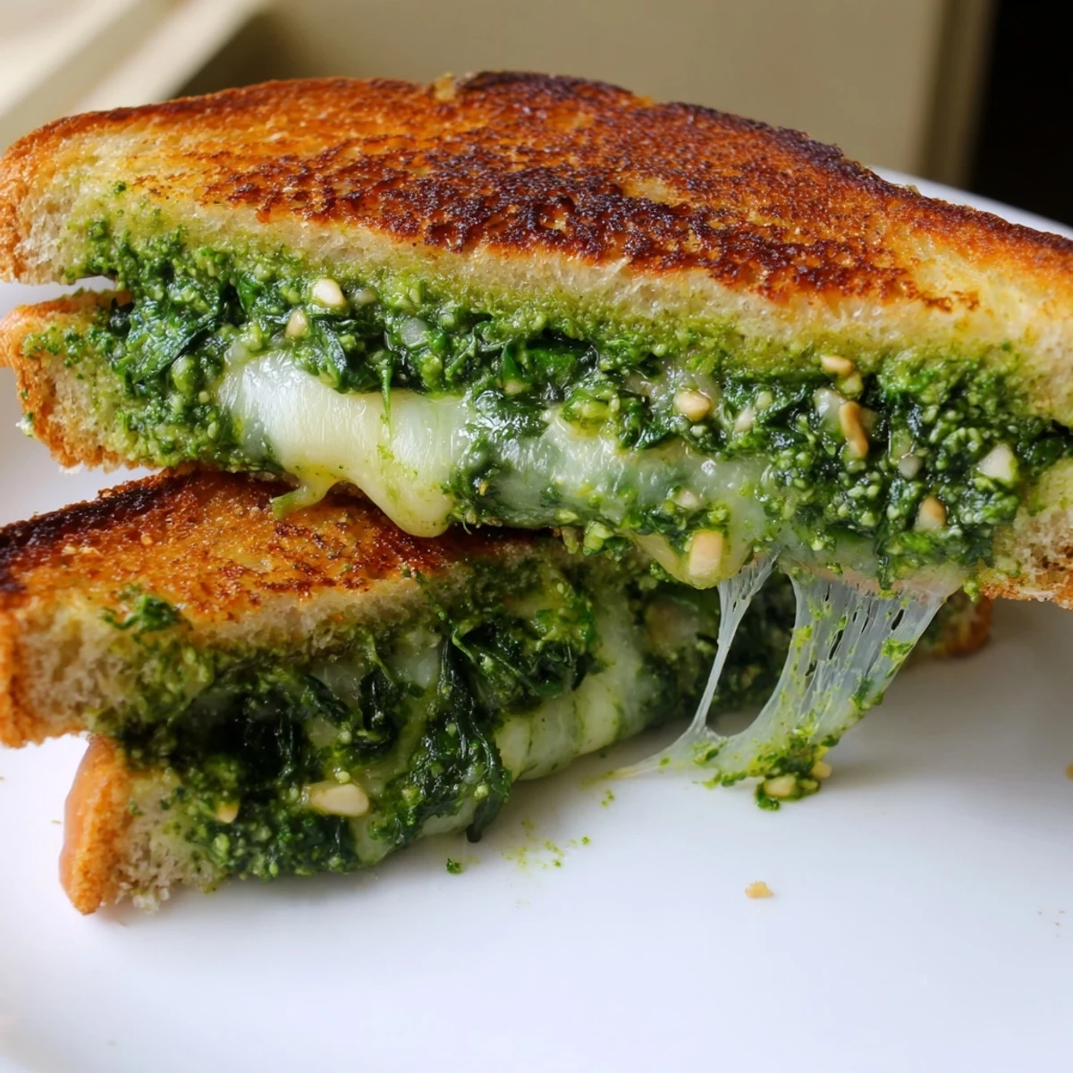 Spinach Pesto Grilled Cheese picture: golden, bubbly cheese oozing from warm, crispy bread.