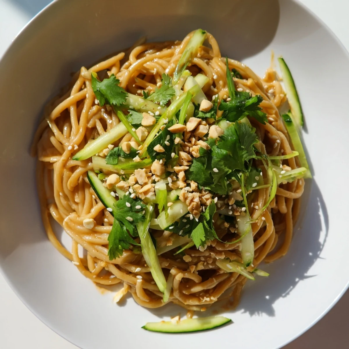 Chilled Spicy Sesame Noodle Salad, tossed with vibrant veggies, ready for a satisfying, refreshing lunch.