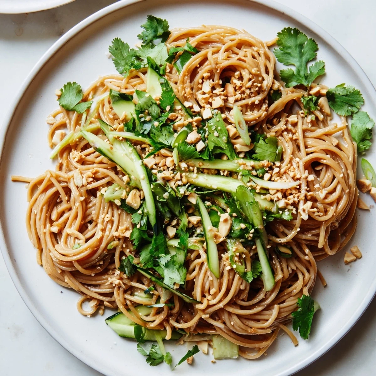 A bowl of Spicy Sesame Noodle Salad, with bright cucumbers and cilantro, perfect for a dairy-free dinner.
