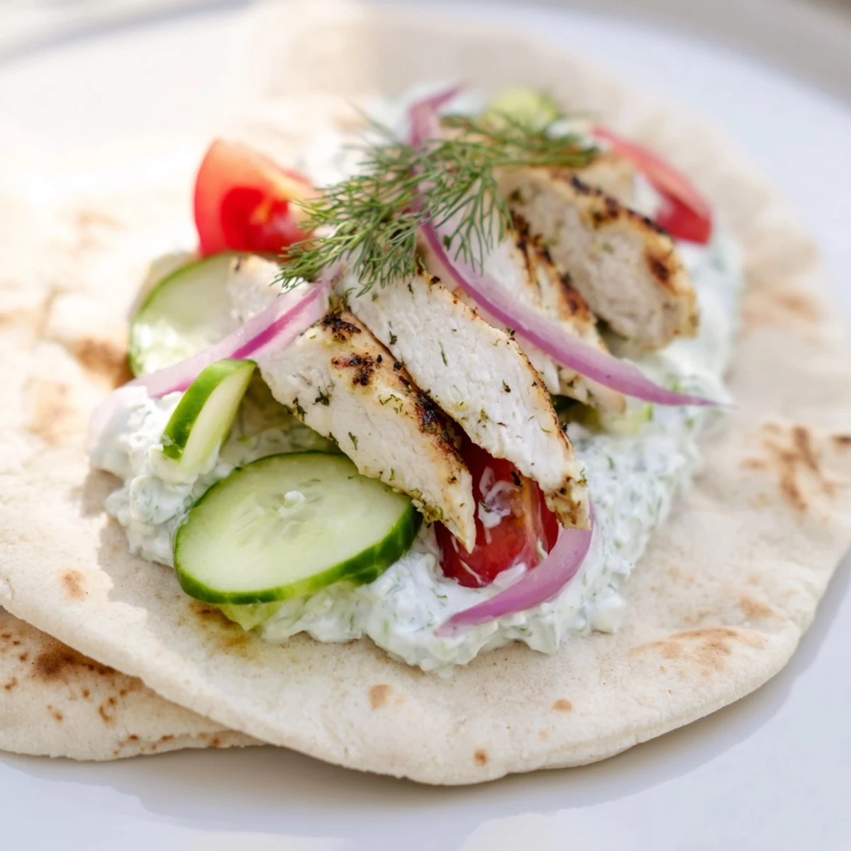 Close-up view of a flavorful Greek Chicken Wrap, with juicy chicken, fresh veggies and creamy tzatziki.