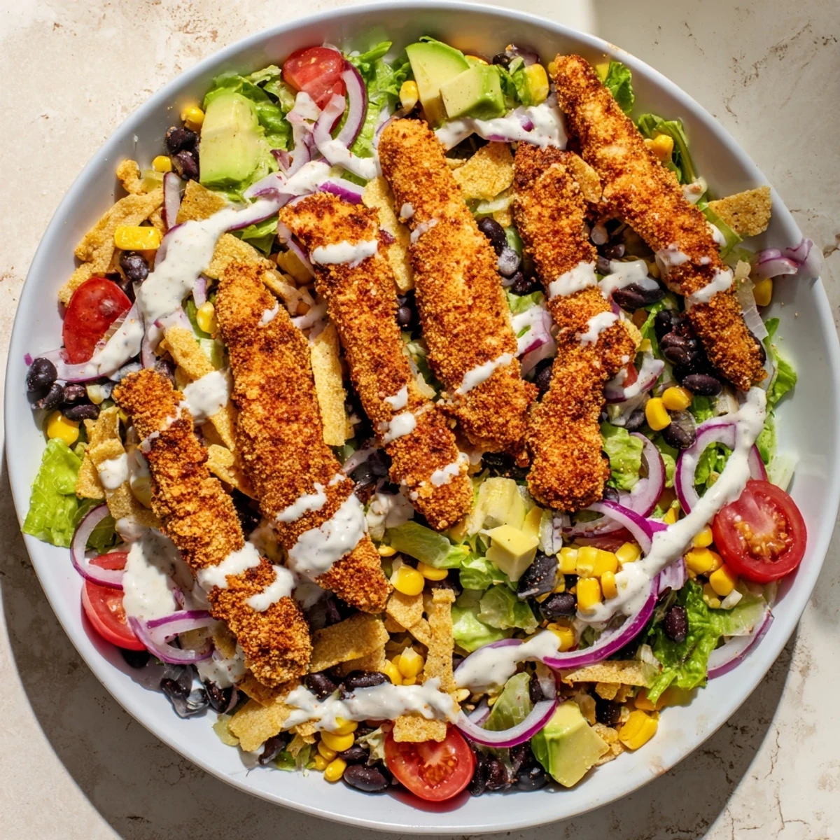 Golden-brown crispy chicken taco salad, set on a bed of fresh romaine lettuce, ready to eat.