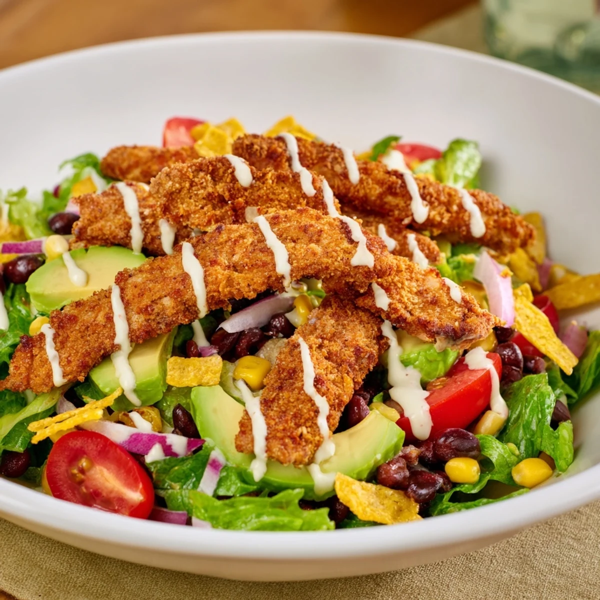 Spicy crispy chicken taco salad with vibrant fresh toppings and creamy salsa ranch dressing.