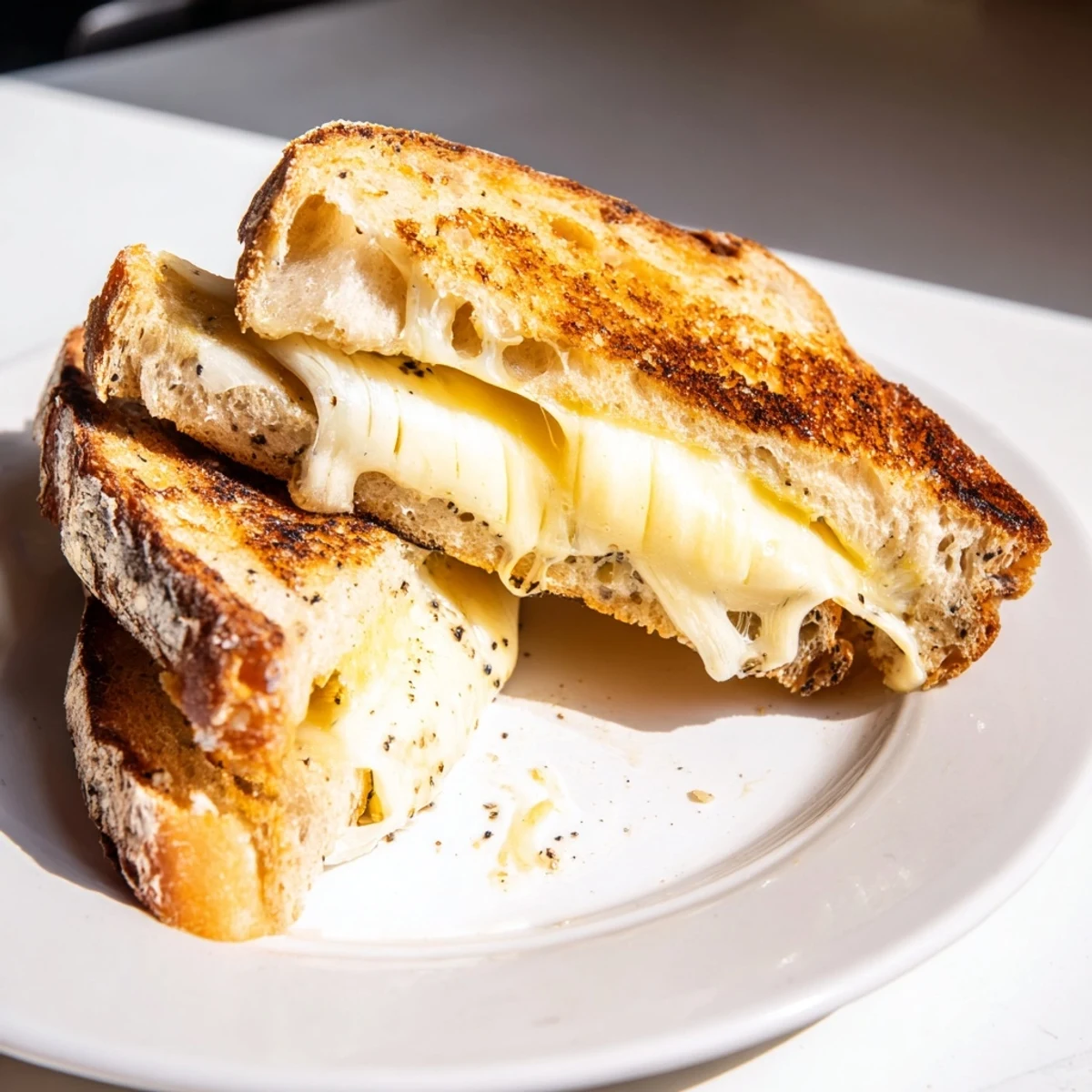 Golden-brown Three-Cheese Grilled Cheese, oozing melted cheese, a comforting classic sandwich ready to eat.