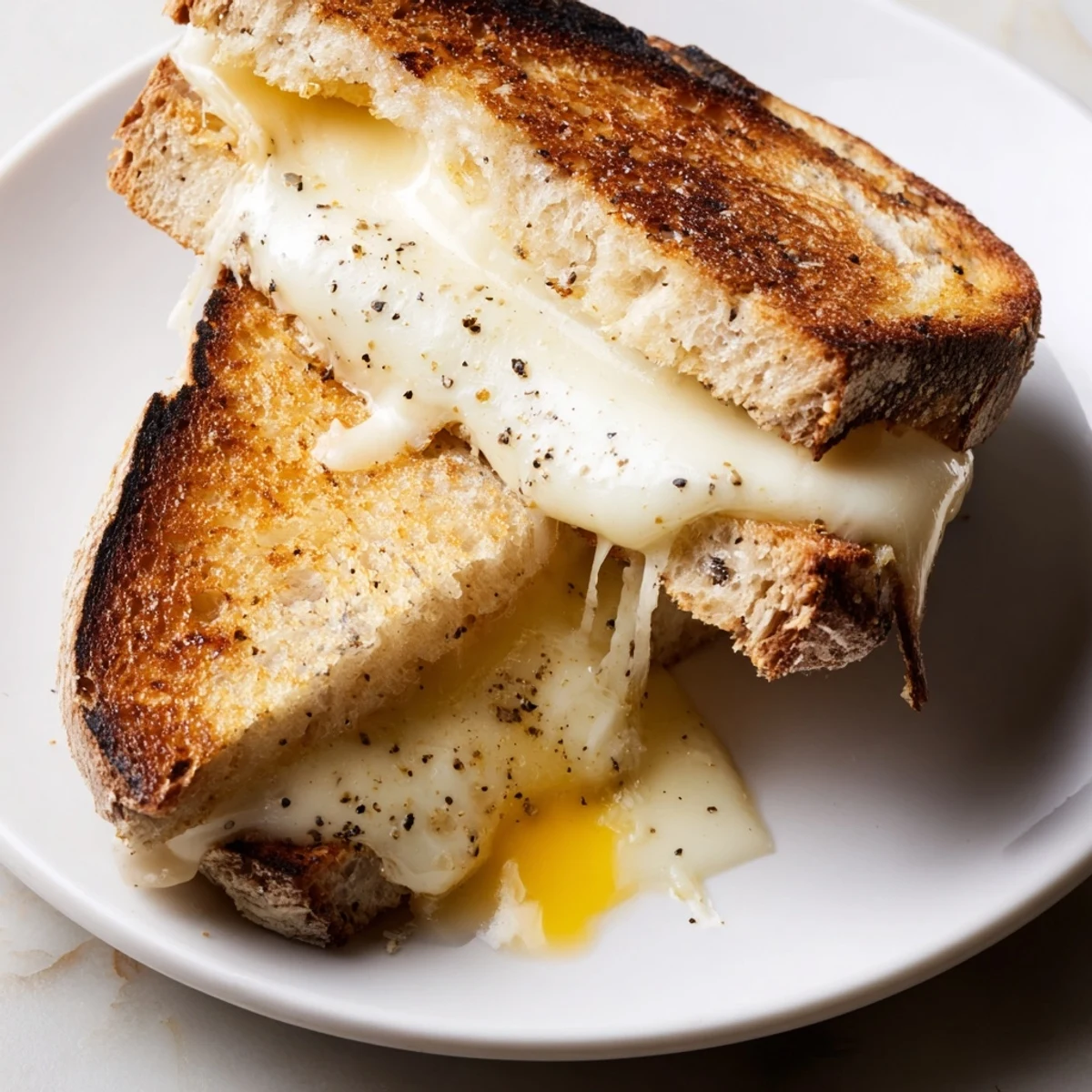 Close-up of a perfectly toasted Three-Cheese Grilled Cheese, showcasing the creamy cheese pull and crispy crust.