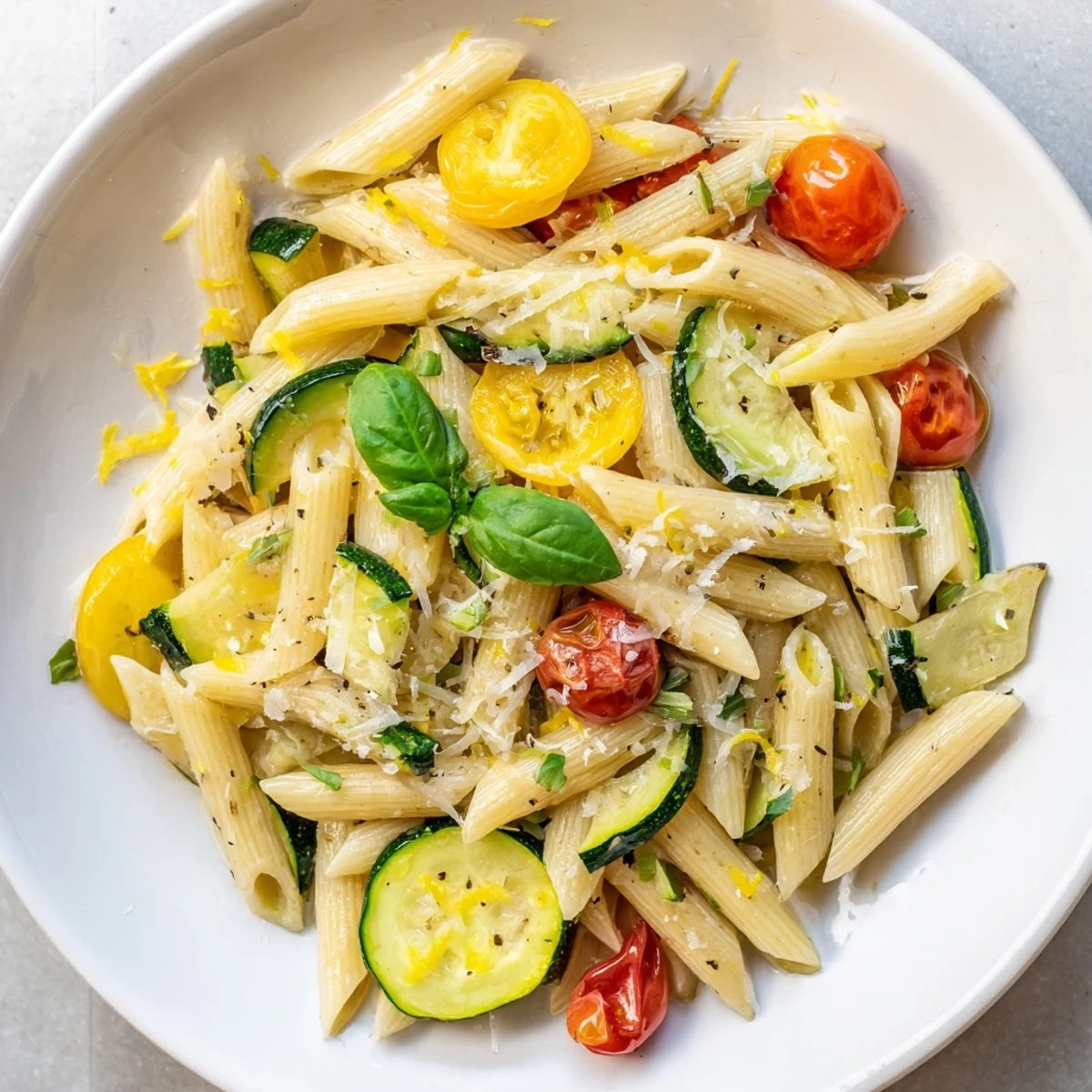 Vibrant Garden Veggie Pasta, with colorful zucchini, squash, and tomatoes, tossed in olive oil and basil.