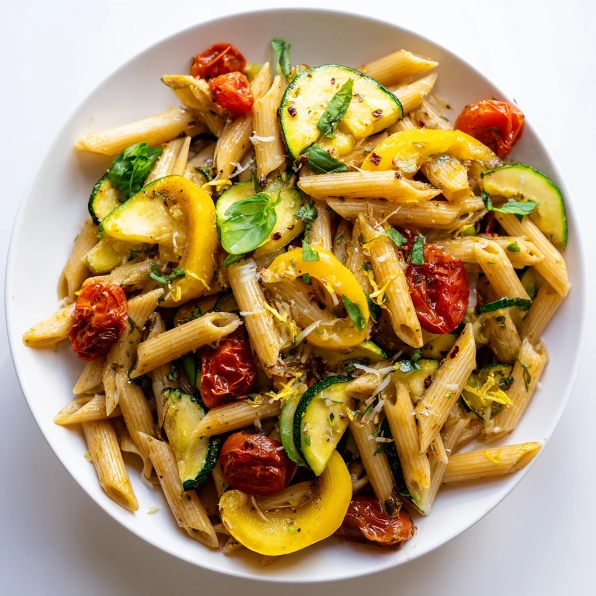 A delicious bowl of Garden Veggie Pasta, featuring fresh basil and parmesan cheese.