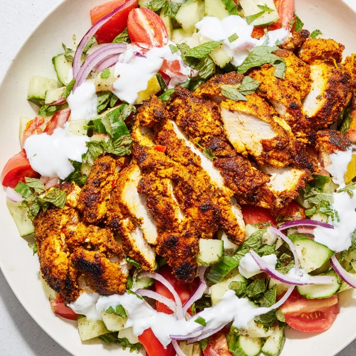 Chicken Shawarma Salad, a colorful plate with grilled chicken and fresh vegetables drizzled in dressing.