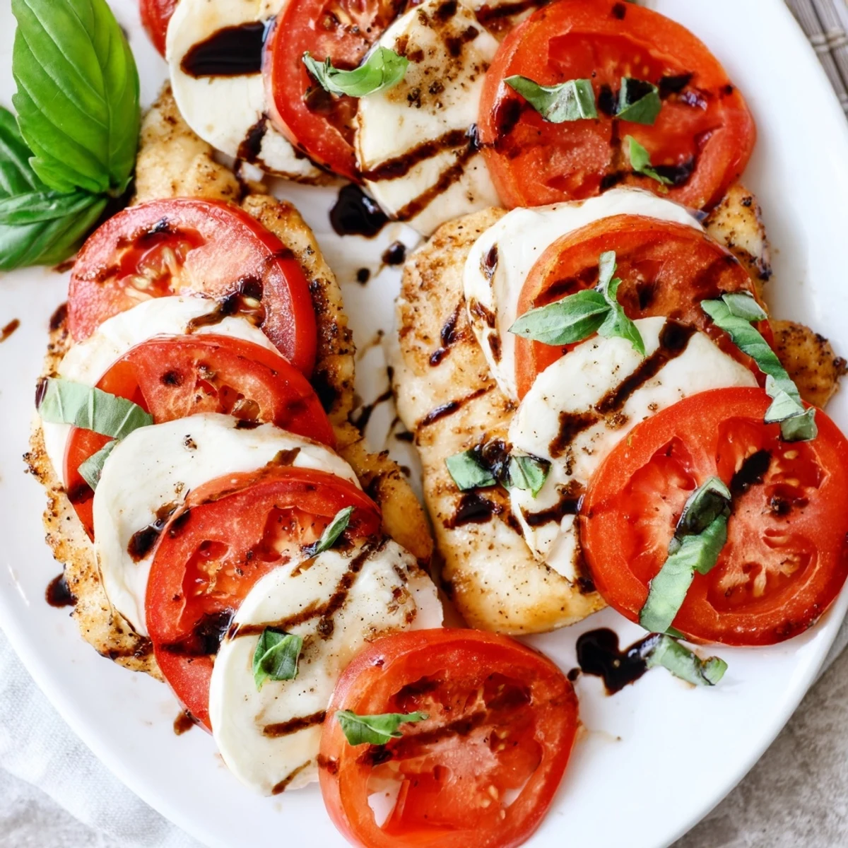 Beautiful close-up of a flavorful Caprese Chicken Skillet, topped with fresh basil and balsamic glaze.