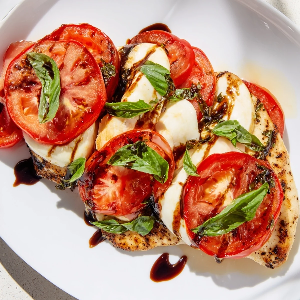 Juicy Caprese Chicken Skillet: golden-brown chicken with melted mozzarella and ripe tomato slices.