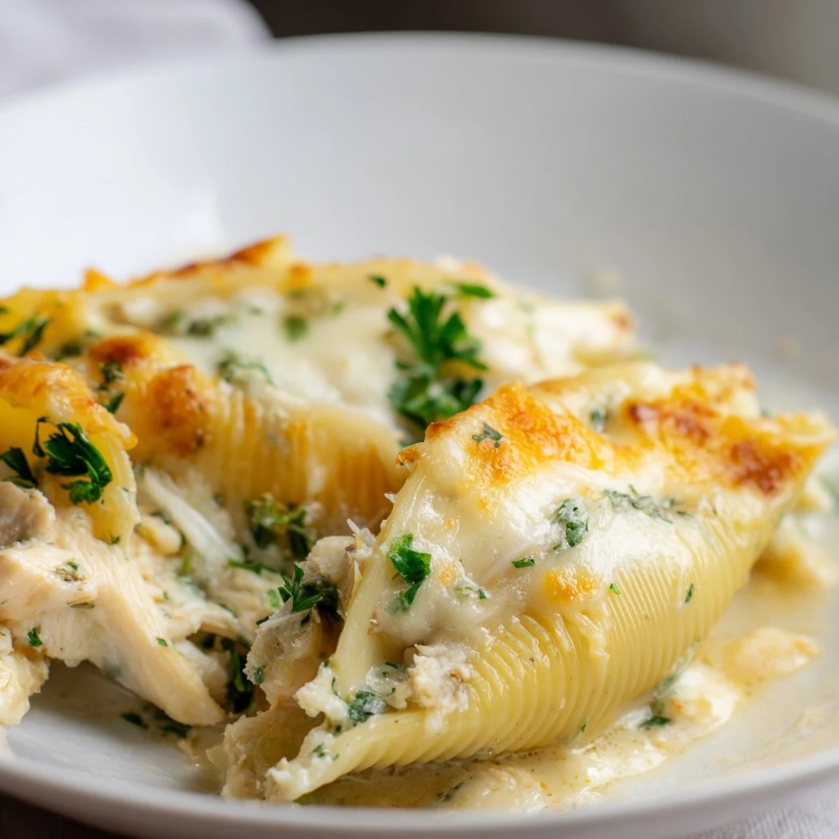 Close-up of baked Chicken Alfredo Stuffed Shells: creamy pasta shells overflowing with filling.