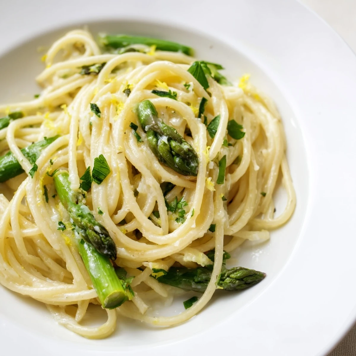 Golden, roasted garlic cloves mingle with asparagus and spaghetti in this delicious pasta.