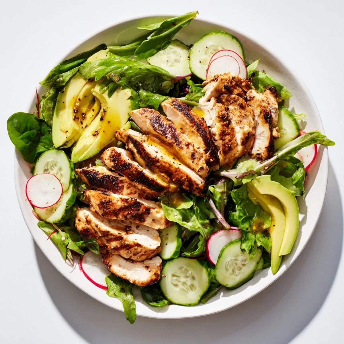 A bright, refreshing bowl of Spring Detox Chicken Salad with zesty lemon vinaigrette dressing and crisp vegetables.