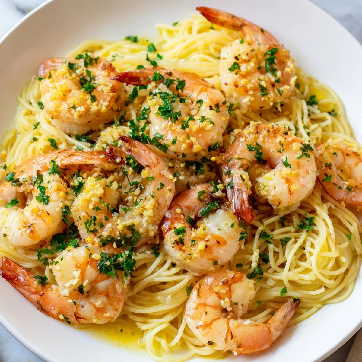Steaming bowl of Lemon Butter Shrimp Pasta Lite with tender shrimp, angel hair, and a bright, zesty sauce.