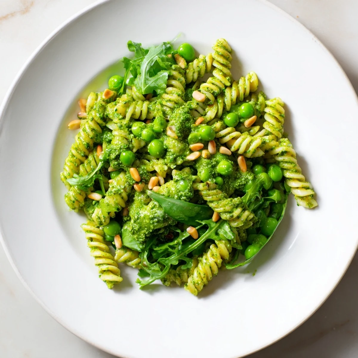 Colorful spring green pesto pasta salad, bursting with vibrant peas and topped with toasted pine nuts.