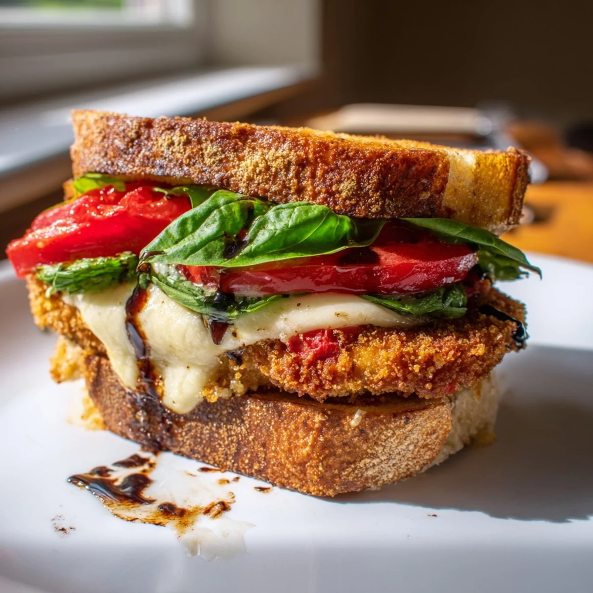 Golden, crispy chicken Caprese sandwich, oozing melted mozzarella and fresh tomato slices, ready to savor.