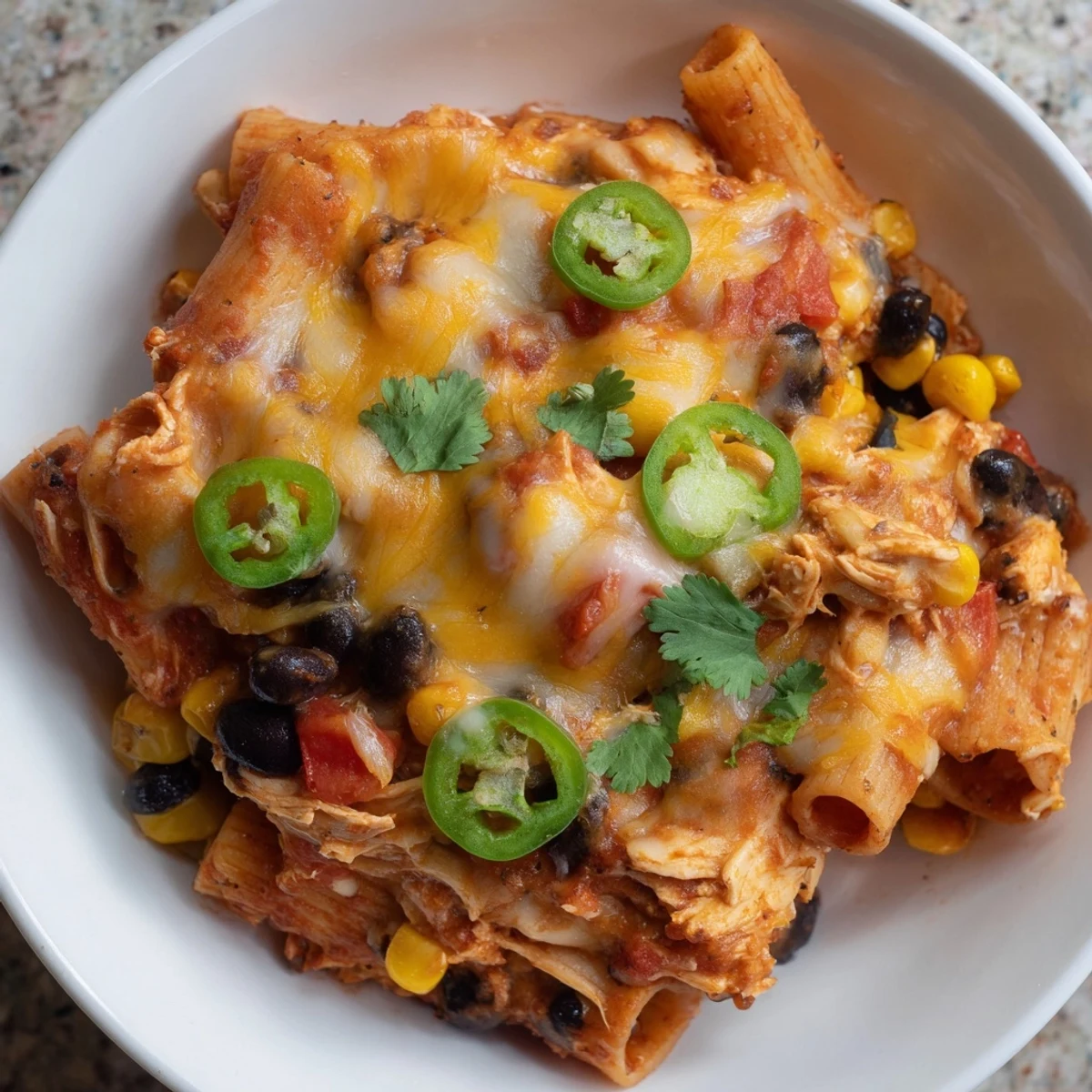 Chicken Burrito Pasta Bake bubbling hot with melted cheese and fresh cilantro garnish, a Tex-Mex delight.