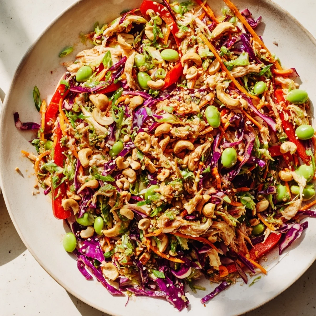 Close-up of a refreshing Edamame Crunch Chicken Salad, showcasing the bright colors and textures.
