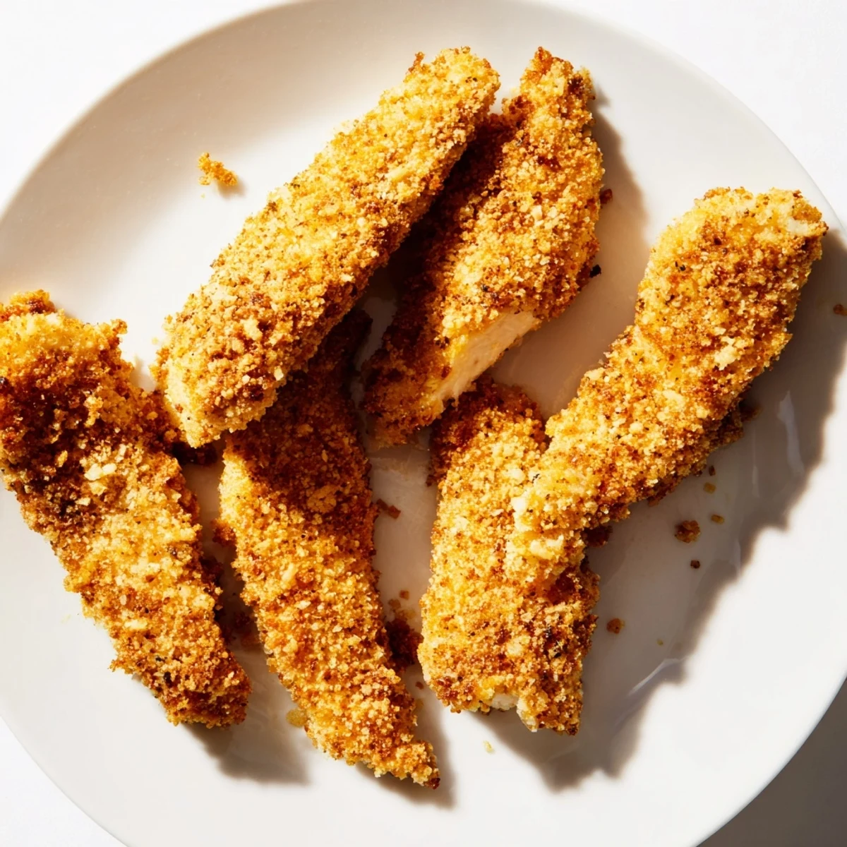 Golden-brown air fryer chicken strips on a rustic wooden board beside a small bowl of creamy dipping sauce.
