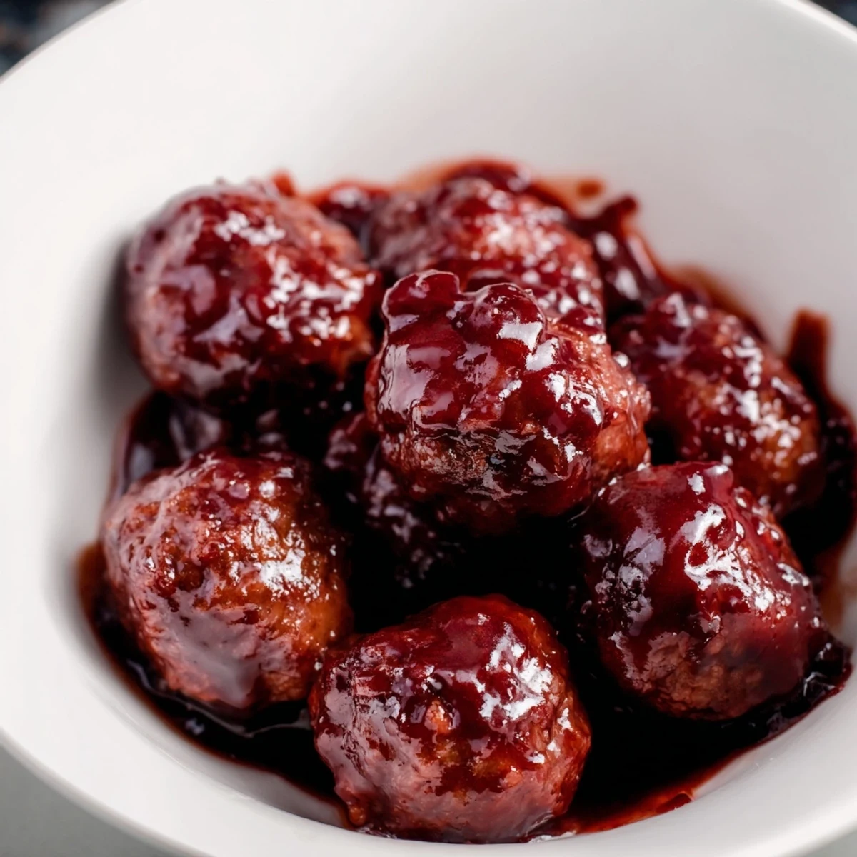 Grape jelly and chili sauce meatballs in a serving bowl with a toothpick, ideal for game day snacking.