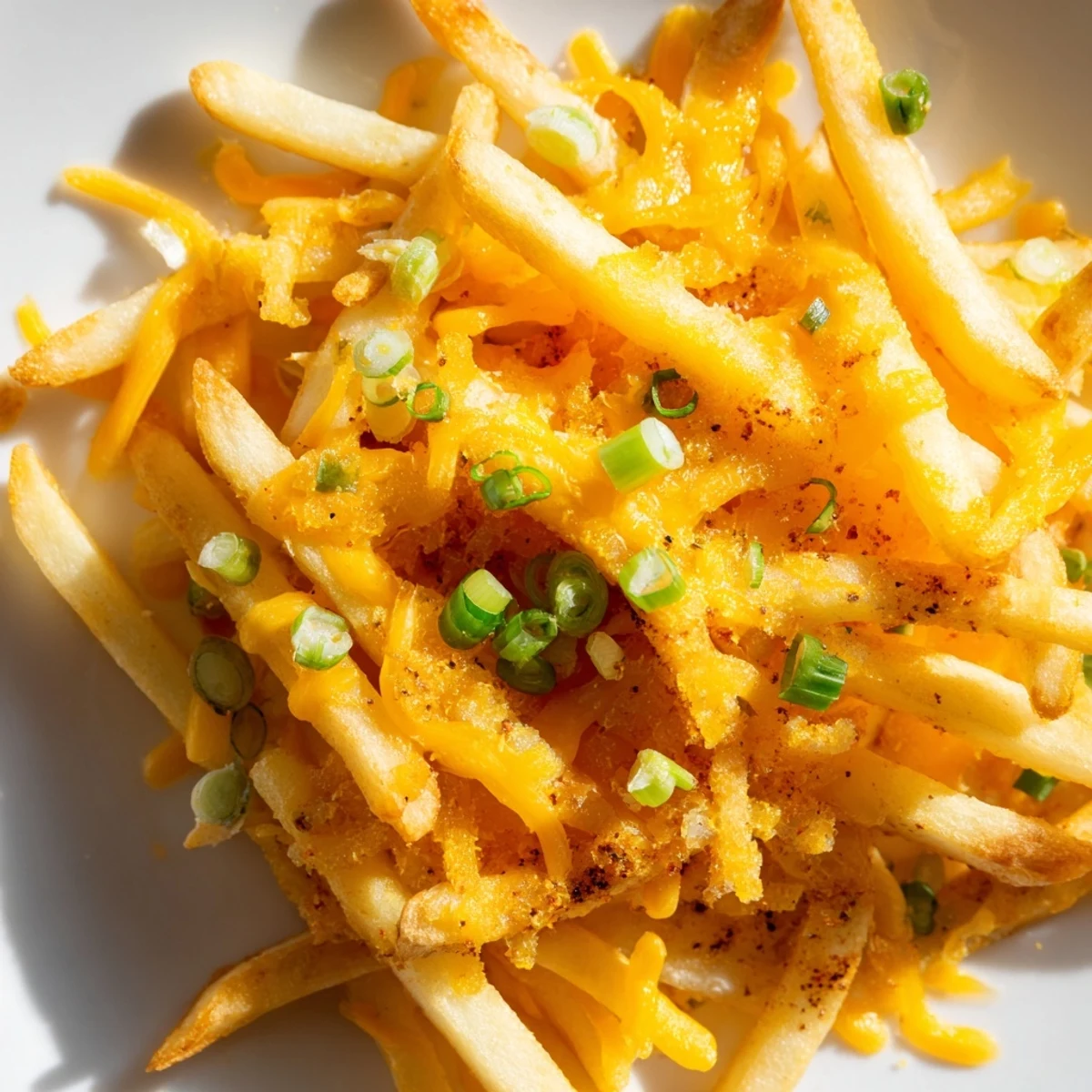 Cheesy BBQ Fries with Ranch Dip are baked to perfection, scattered with fresh spring onions, and served hot as a savory snack.
