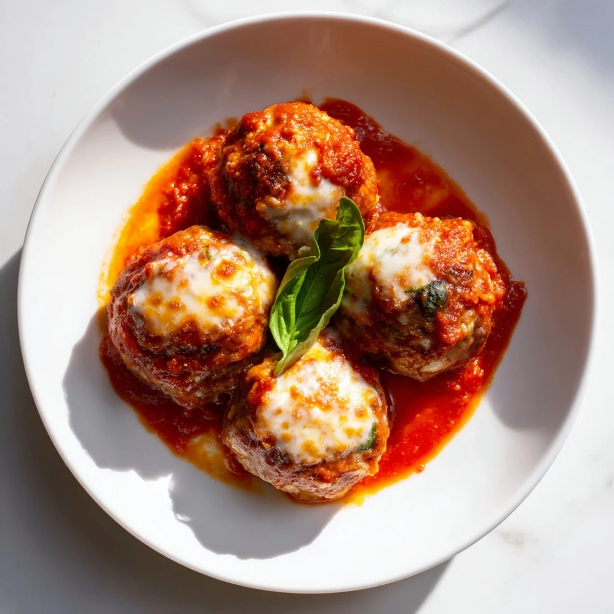 Golden-brown, gluten-free cheesy garlicky meatballs simmering in rich marinara, topped with fresh basil and grated Parmesan for a comforting Italian dinner.