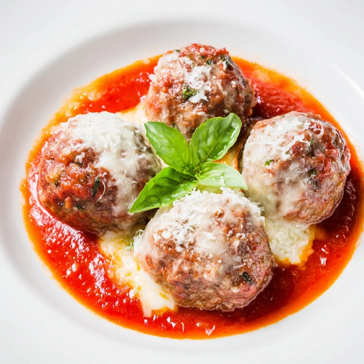 Hearty, gluten-free cheesy garlicky meatballs in a bubbling pot of marinara, garnished with parsley and extra cheese for a cozy family meal.