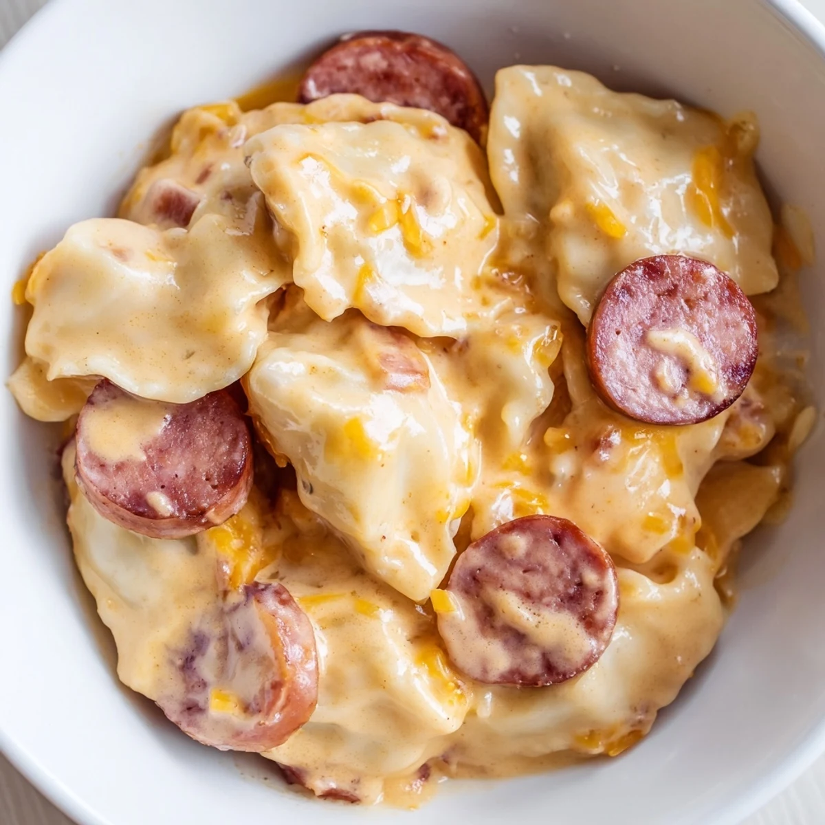 Golden-brown pierogi and kielbasa slices simmer in a creamy cheddar sauce, ready to serve.