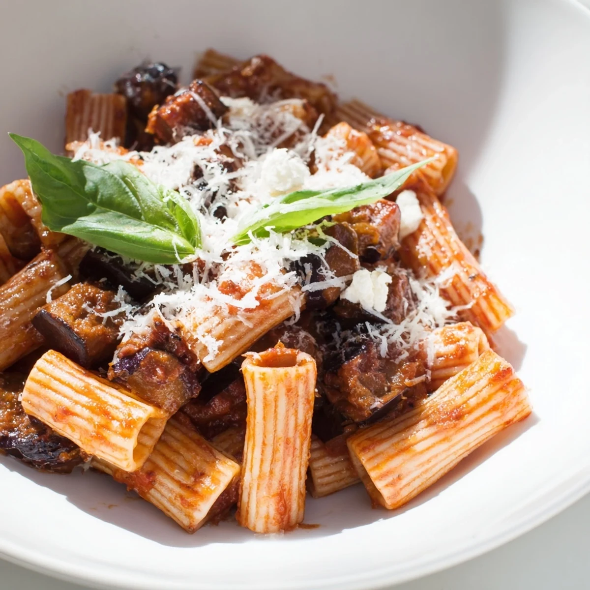 Fork twirling through rigatoni coated in rich tomato sauce with tender roasted eggplant cubes and crumbled ricotta salata.