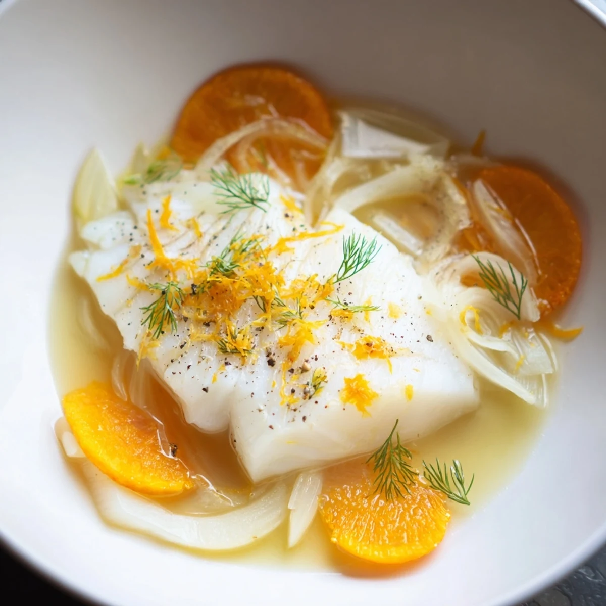 Mediterranean-style poached cod served with fennel fronds and a splash of white wine, ready to enjoy.