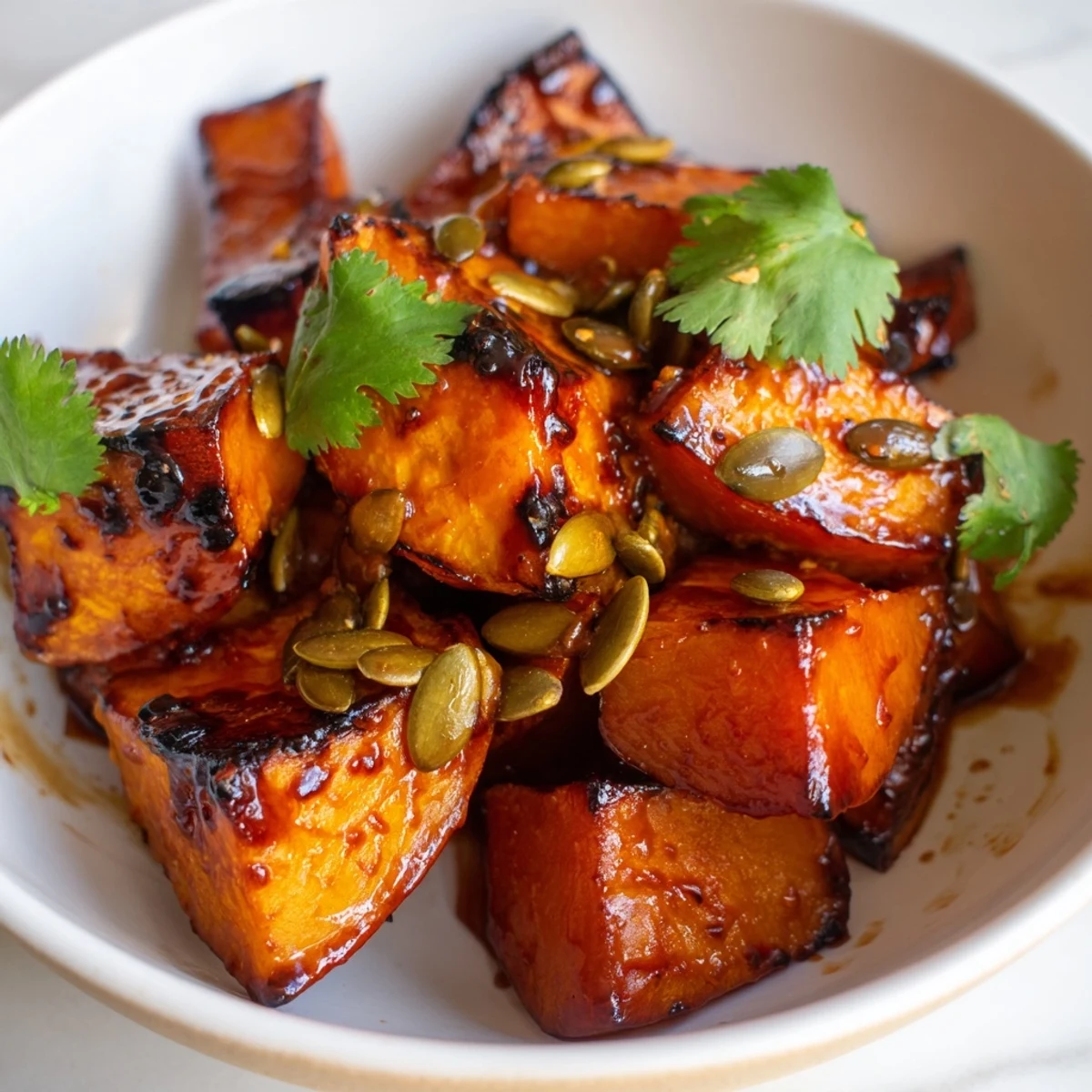 Golden roasted red kuri squash and caramelized onions in a Sweet and Spicy Red Kuri Squash Bowl, garnished with lime, cilantro, and pepitas.