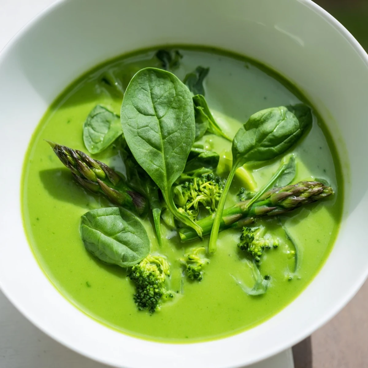 Creamy bright green Big Green Immunity-Boosting Vegetable Soup in a white bowl, topped with fresh spinach and a lemon wedge for a vibrant, nourishing lunch.