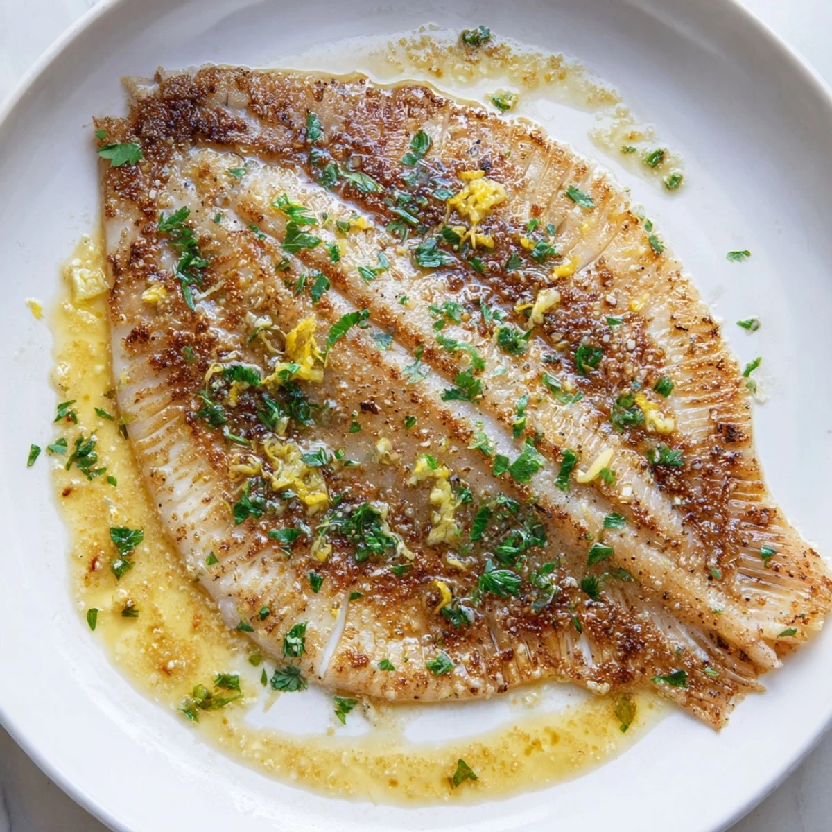 Flounder meunière fillets served with lemon wedges and parsley, showcasing a crispy golden crust and nutty browned butter sauce.