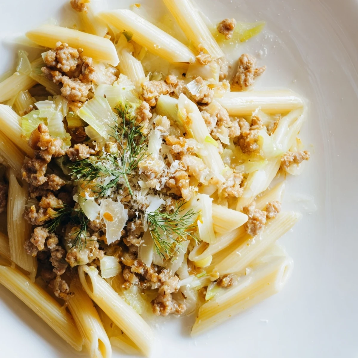 Steam rises from a bowl of Winter Pasta with Sausage and Fennel, where al dente pasta is tossed with savory sausage and tender vegetables, topped with a generous sprinkle of Parmesan cheese.