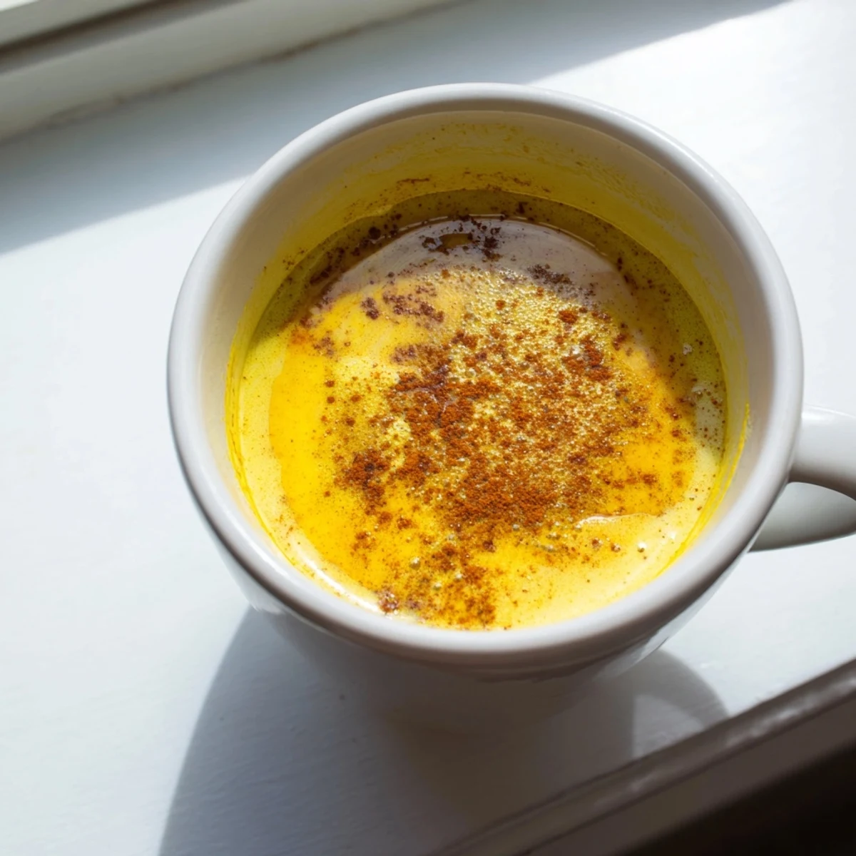 Golden milk in a cozy ceramic mug, steaming gently with warm turmeric and ginger spices.