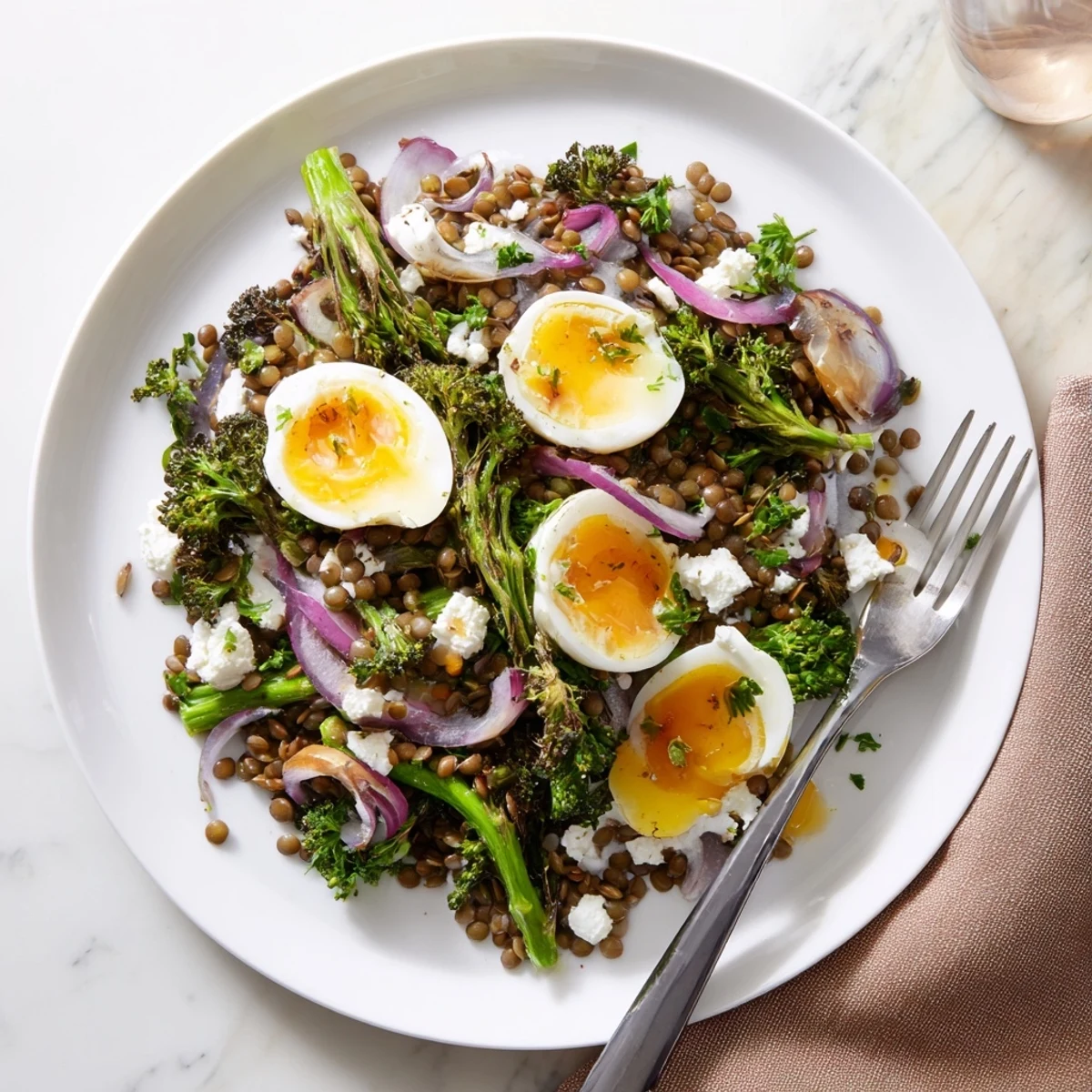 French lentil salad with broccolini and jammy soft-cooked eggs served warm with tangy Dijon vinaigrette.