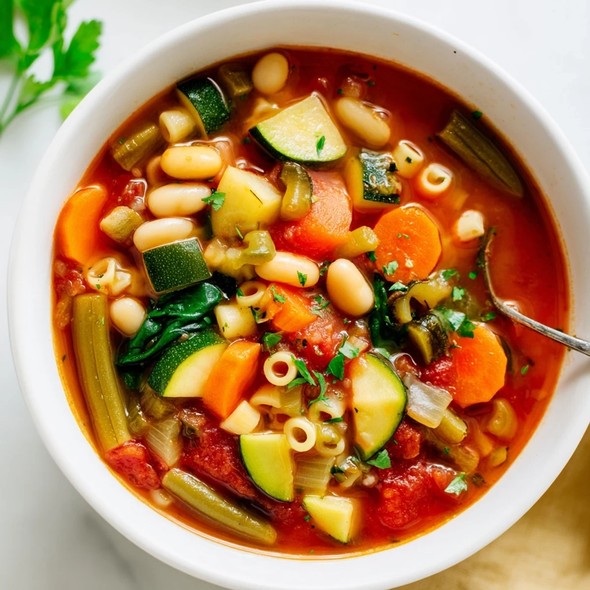A steaming bowl of Minestrone Soup, brimming with colorful vegetables, cannellini beans, and tender pasta in a rich tomato broth.  