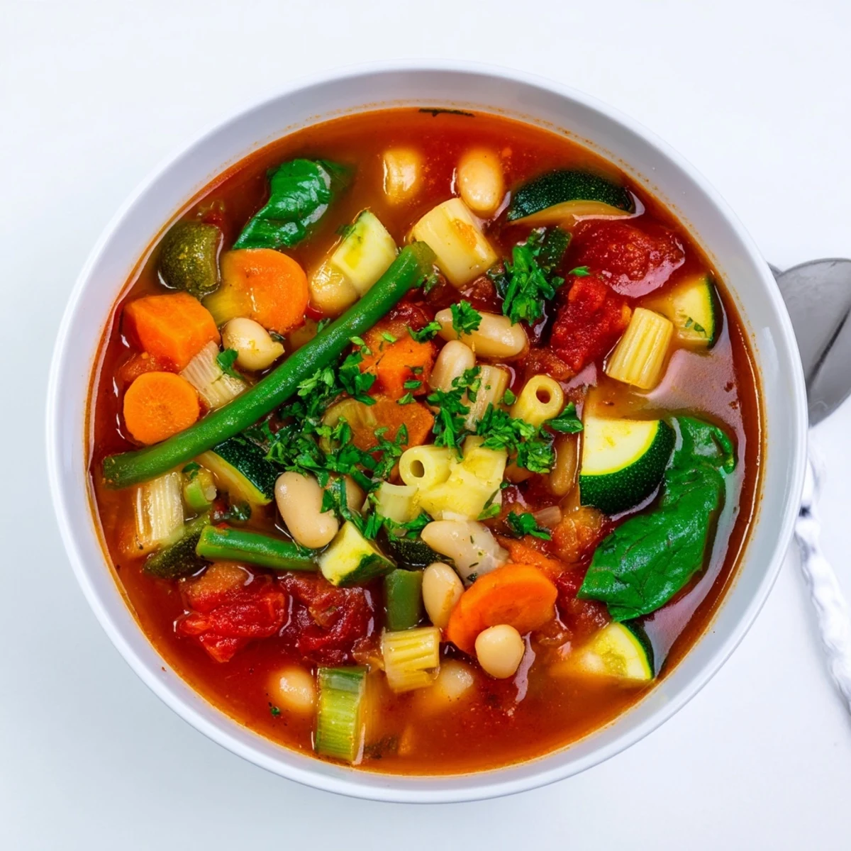 A close-up of Minestrone Soup featuring al dente pasta, diced carrots, zucchini, and white beans in a vibrant, herb-infused broth.
