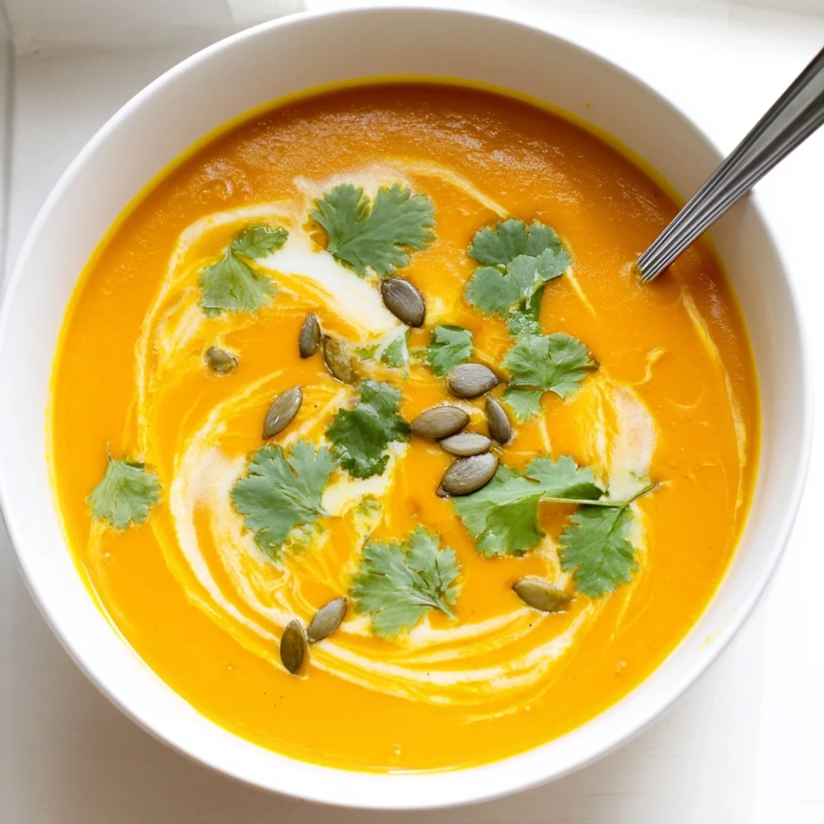 A close-up of vibrant Carrot Ginger Soup in a white bowl, garnished with fresh cilantro and a swirl of creamy coconut milk.