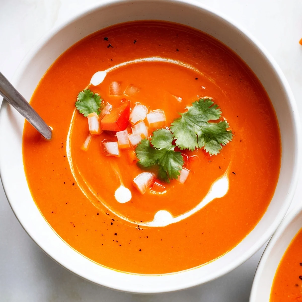 Silky roasted red pepper soup with a swirl of crème fraîche, served with crusty bread.