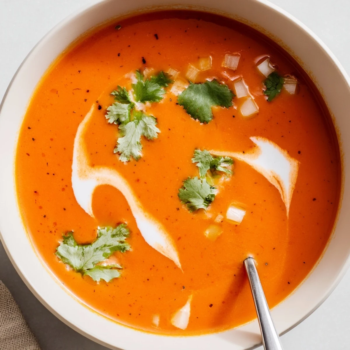 A close-up of vibrant red pepper soup garnished with fresh cilantro and a drizzle of olive oil.