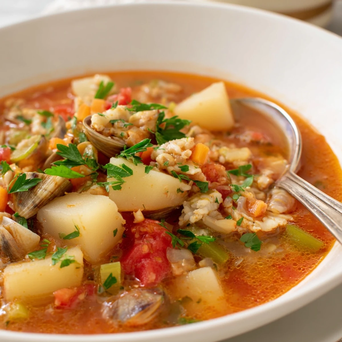 Steaming Manhattan Clam Chowder in a rustic bowl, with hearty vegetables, bright herbs, and a spoon ready for a cozy, family-style serving.  
