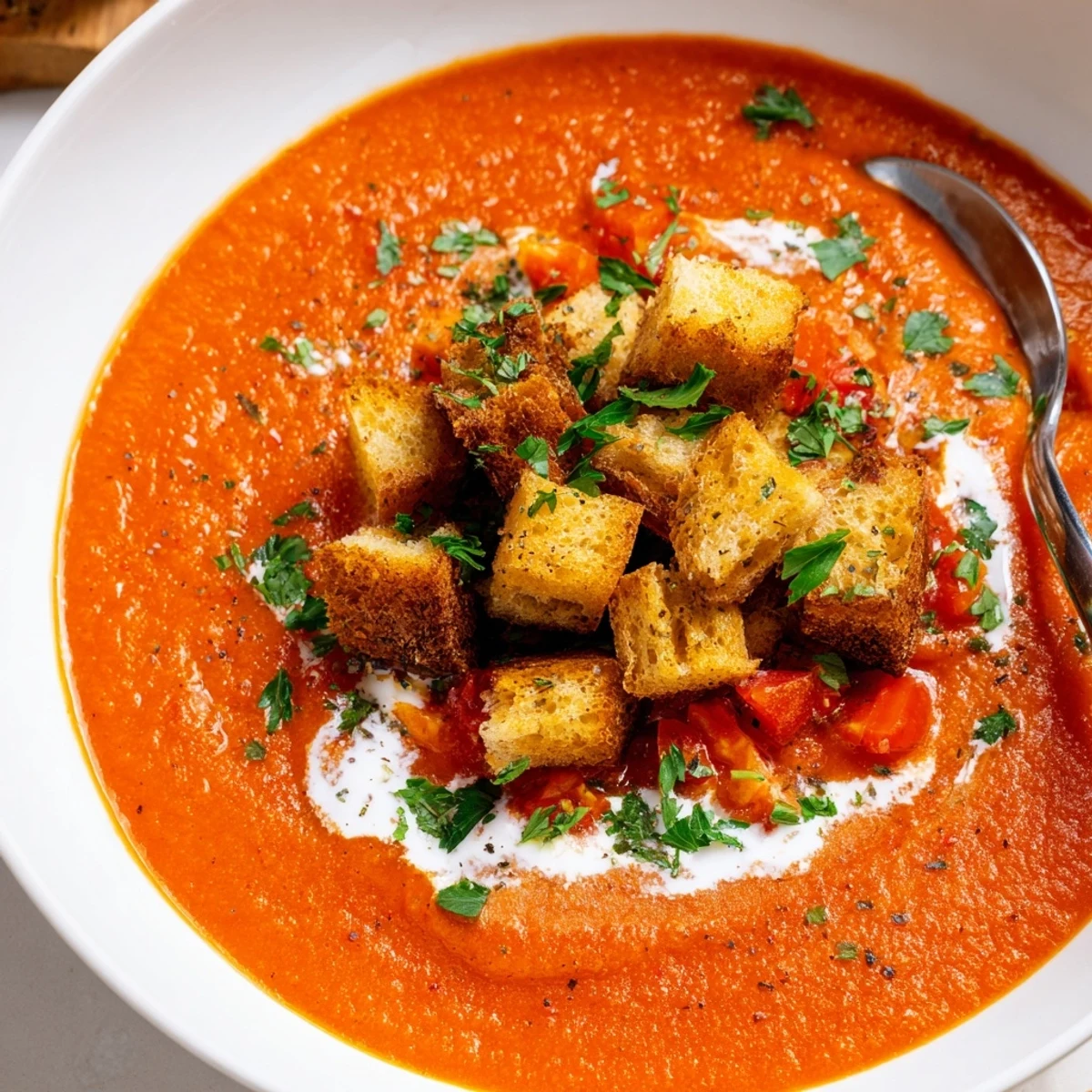 Savor a close-up of Roasted Red Pepper Soup With Crispy Croutons, featuring a drizzle of cream and a hint of harissa spice.