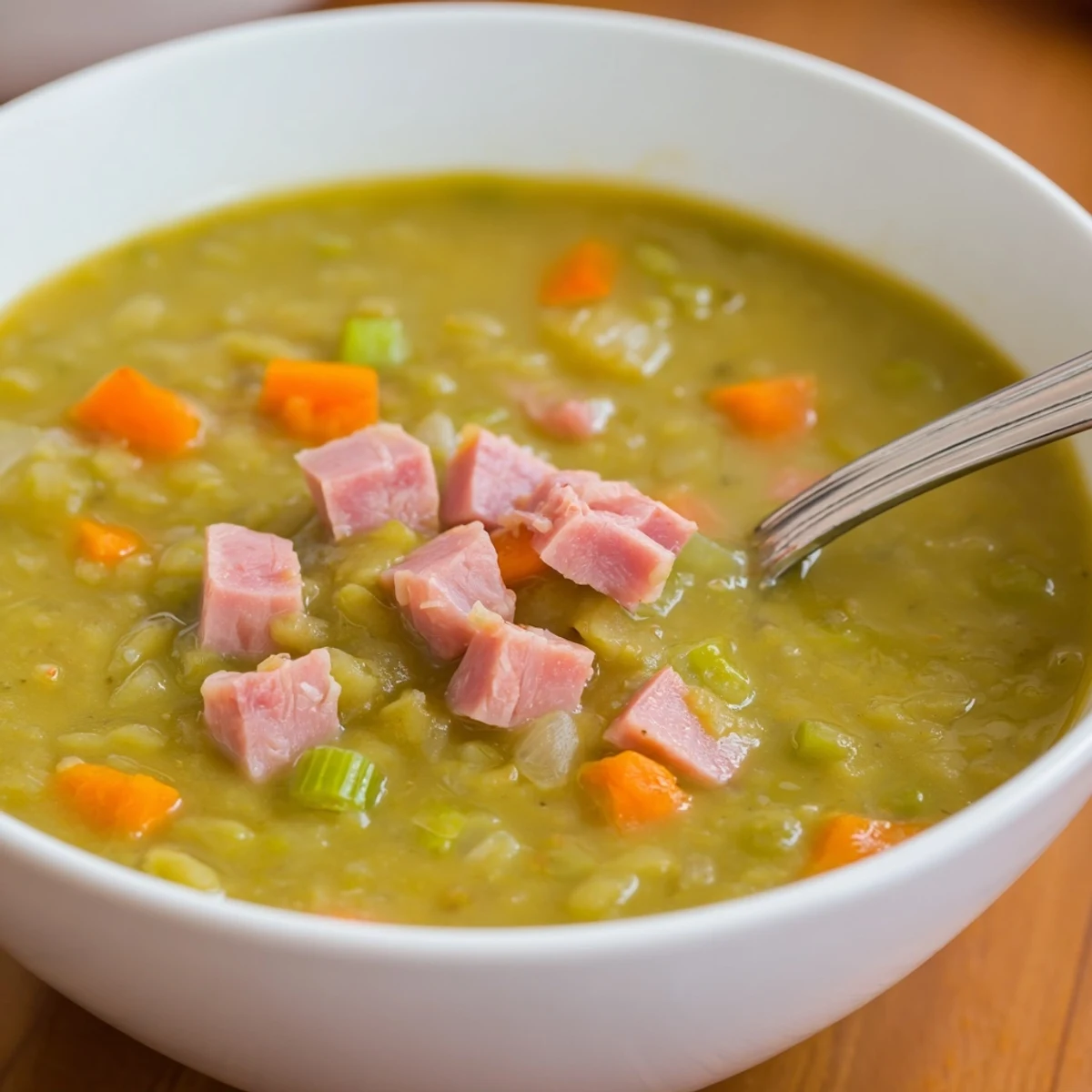 Steaming bowl of Split Pea and Ham Soup, garnished with fresh thyme and served alongside crusty bread for dipping.