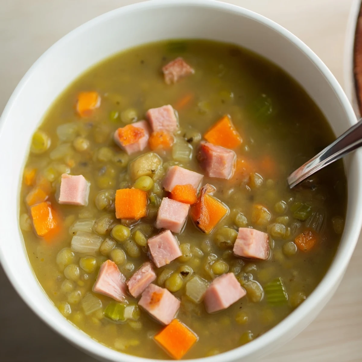 Thick, savory Split Pea and Ham Soup simmered in a pot, perfect for a hearty family dinner or meal prep.